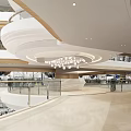 Spacious Modern Shopping Mall Lobby With Curved Ceiling Spherical Chandelier Glass Railings And Marble Floor