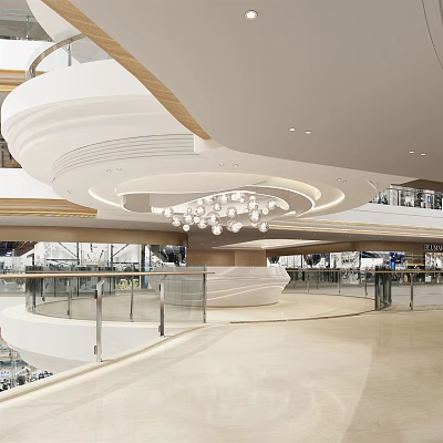 Spacious Modern Shopping Mall Lobby With Curved Ceiling Spherical Chandelier Glass Railings And Marble Floor 3d model
