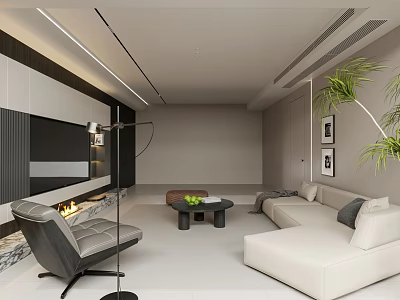 Modern Minimalist Living Room With Soft Neutral Tones Built In Fireplace And Comfortable Sectional Sofa 3d model