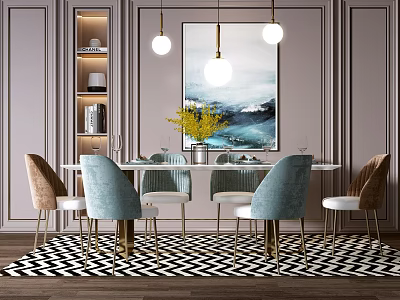 Elegant Modern Dining Table Set With Blue Brown Chairs Pendant Lights And Abstract Wall Art 3d model
