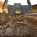 Industrial Sci-Fi Scene With Rocky Terrain Metal Structure And Mechanical Components