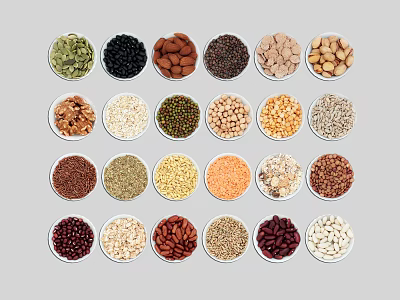 Organized Spice Jars with Assorted Legumes Grains in White Bowls Arranged Neatly 3d model