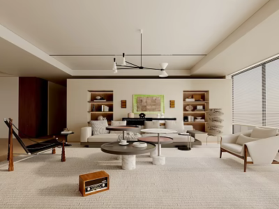 Modern Living Room Interior Design With Sofa Coffee Table Chandelier Bookshelves And Wall Art 3d model
