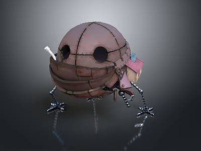 Mechanical Creature Character with Spherical Body Metal Legs Cottage Structure and Round Eyes 3d model
