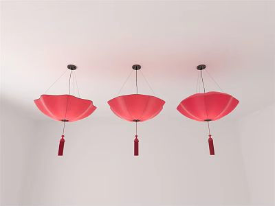 Three Red Petal Shaped Chandeliers With Tassels Hanging From White Ceiling 3d model
