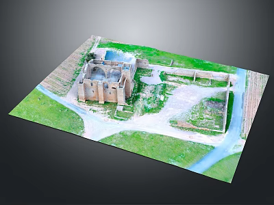 Modern Scale Model of Ancient Stone Building with Enclosure Green Lawn and Pathway 3d model