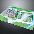 Modern Scale Model of Ancient Stone Building with Enclosure Green Lawn and Pathway