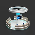 Modern Exhibition Booth Design With Circular Top Blue Lighting BEST Screen And Computers 3d model