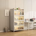 Black Bookshelf With Mesh Doors Multiple Shelves Decor Items Near White Desk With Laptop