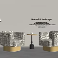 Stylish Single Sofa With Patterned Fabric And Gold Base In Natural Landscape Interior 3d model