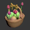 Green Easter Eggs With Pink Polka Dots In Basket Decorated With Pink Tulips Orange Bow