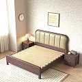 Modern Double Bed With Upholstered Headboard Nightstands Table Lamp Decorative Art And Wall Clock