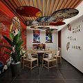 Colorful Japanese Restaurant Interior With Cherry Blossom Decor Red Umbrellas And Wooden Partitions