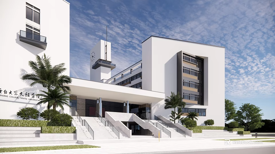 Modern White School Building Exterior With Multi story Structure Entrance Stairs And Palm Trees 3d model 