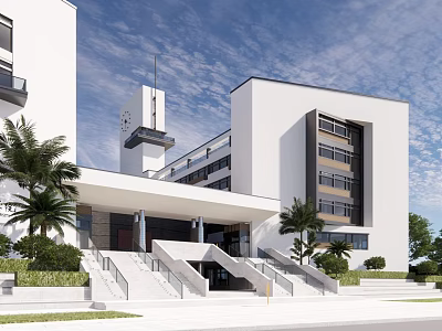 Modern White School Building Exterior With Multi story Structure Entrance Stairs And Palm Trees 3d model