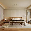 Modern Minimalist Bedroom Interior With Wooden Bed Nightstand Area Rug And Window