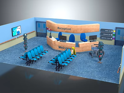 Modern Reception Area With Curved Desk Welcome Sign Blue Chairs And TV Screen 3d model