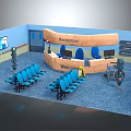 Modern Reception Area With Curved Desk Welcome Sign Blue Chairs And TV Screen