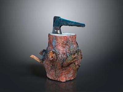 Natural Wooden Tree Stump With Axe Embedded In Rough Texture Surface 3d model