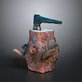Natural Wooden Tree Stump With Axe Embedded In Rough Texture Surface