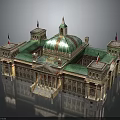 Classical Architecture With Green Gold Dome Red Flags Stone Columns And Symmetrical Steps 3d model