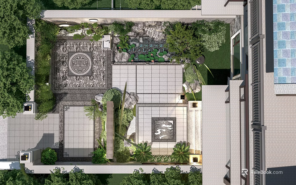 Beautiful Courtyard Garden With Lush Greenery Stone Paving And Decorative Patterns 3d model 