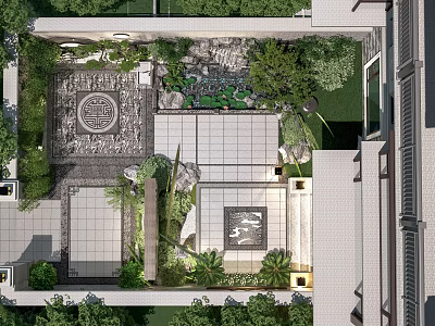 Beautiful Courtyard Garden With Lush Greenery Stone Paving And Decorative Patterns 3d model