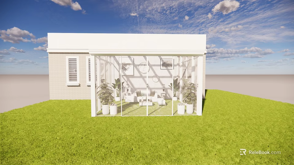 White Glass Enclosed Building With Green Grass Blue Sky And Indoor Plants Furniture 3d model 