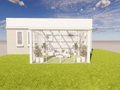 White Glass Enclosed Building With Green Grass Blue Sky And Indoor Plants Furniture 3d model