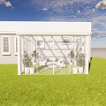 White Glass Enclosed Building With Green Grass Blue Sky And Indoor Plants Furniture