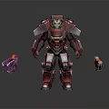 Red And Silver Mech Character Standing With Glowing Purple Accents And Weapons