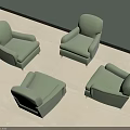 Four Light Green Single Seater Sofas In Indoor Area With Light Colored Floor And Wall 3d model