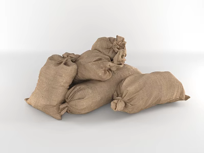 Burlap Sacks Stacked On White Background With Tied Tops And Textured Fabric 3d model