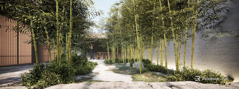 Karesansui Dry Landscape Garden Featuring Bamboo Grove Stone Pathway And Mossy Elements 3d model 