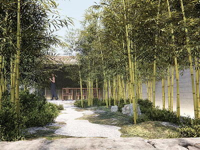 Karesansui Dry Landscape Garden Featuring Bamboo Grove Stone Pathway And Mossy Elements 3d model