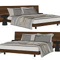 Modern Double Bed With Wooden Headboard Light Colored Sheets And Black Nightstand