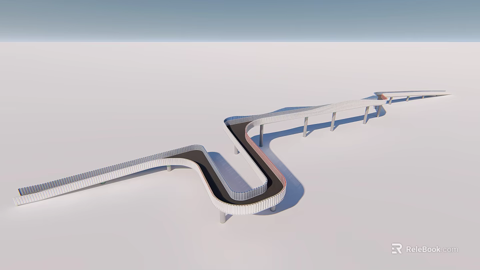 Modern Elevated Road Infrastructure With Curved Structure White Railings And Black Pavement 3d model
