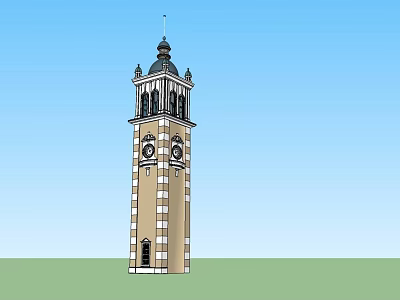Brown and White Clock Tower with Ornate Top Against Blue Sky and Green Grass 3d model