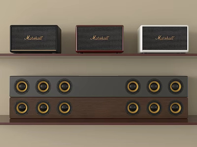 Stylish Marshall Audio Speakers On Wooden Shelf Black Red White With Multi Speaker Sound System 3d model
