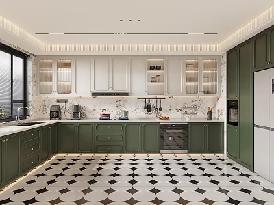 Modern Kitchen Interior Design With Green Glass Door Cabinets Marble Countertop And Checkered Floor 3d model