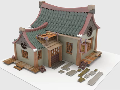 Cartoon Scene of Traditional Chinese Building With Green Tiled Roof Wooden Door And Scattered Planks 3d model