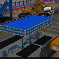 Industrial Factory Construction Site With Large Excavator Red Crane Metal Pipes And Blue Containers