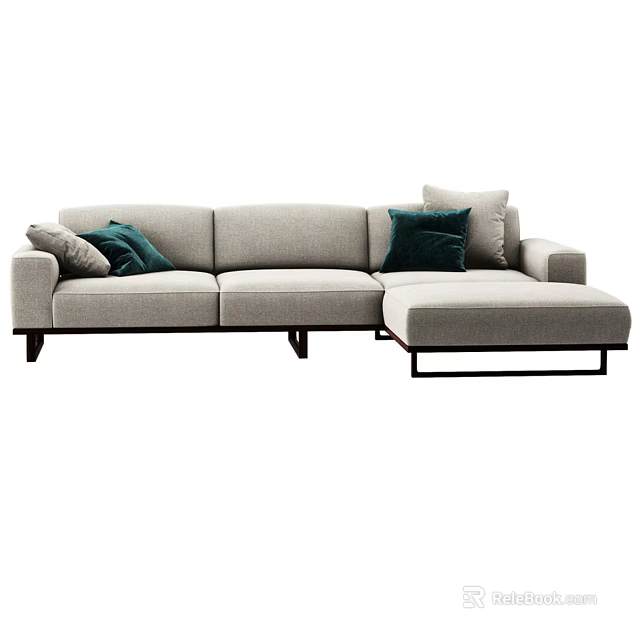 Modern Light Gray Sectional Sofa With Green Cushions And Black Legs 3d model