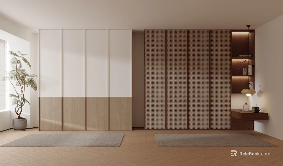 Modern Minimalist Wardrobe Design With White Light Wood And Dark Checkered Sliding Door Panels 3d model 