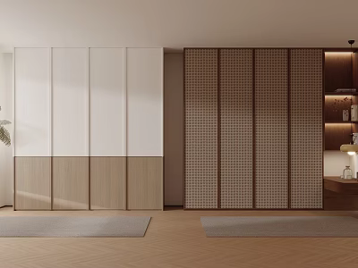 Modern Minimalist Wardrobe Design With White Light Wood And Dark Checkered Sliding Door Panels 3d model