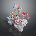 Floating Islands 3D Model With White Rock Structures Green Plants And Red Buildings 3d model