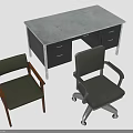 Modern Office Furniture Desk with Gray Top Drawers and Two Green Chairs Wooden Leg Rolling