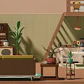 Cartoon Interior Scene with Striped Wall Bookshelf Green Plants Sofa Dining Table and Hanging Lamp