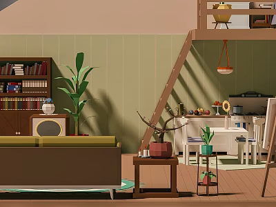Cartoon Interior Scene with Striped Wall Bookshelf Green Plants Sofa Dining Table and Hanging Lamp 3d model
