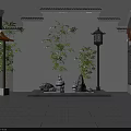 Traditional Chinese Garden Ornaments With Bamboo Plants Stone Lantern Rockery Stones And White Wall